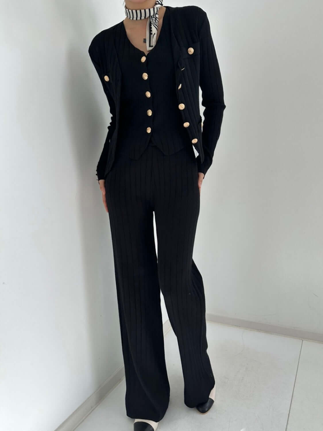 V-Neck Tank, Cardigan and Pants Three-Piece Sweater Set Matching Sets Luxurious Weddings
