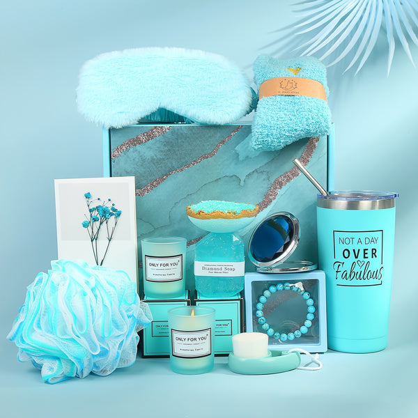 the contents of a blue gift box are displayed