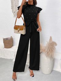 Pearl Detail Ruffled Cap Sleeve Jumpsuit Jumpsuits Luxurious Weddings