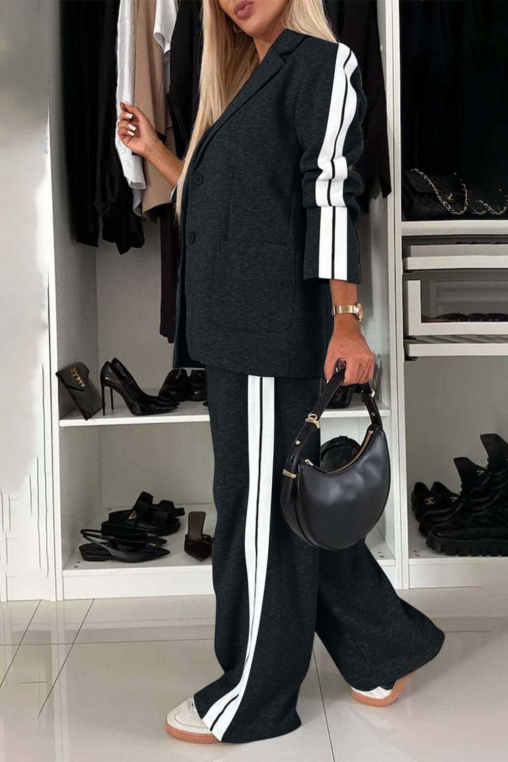 Full Size Contrast Lapel Collar Top and Pants Set Matching Sets Luxurious Weddings