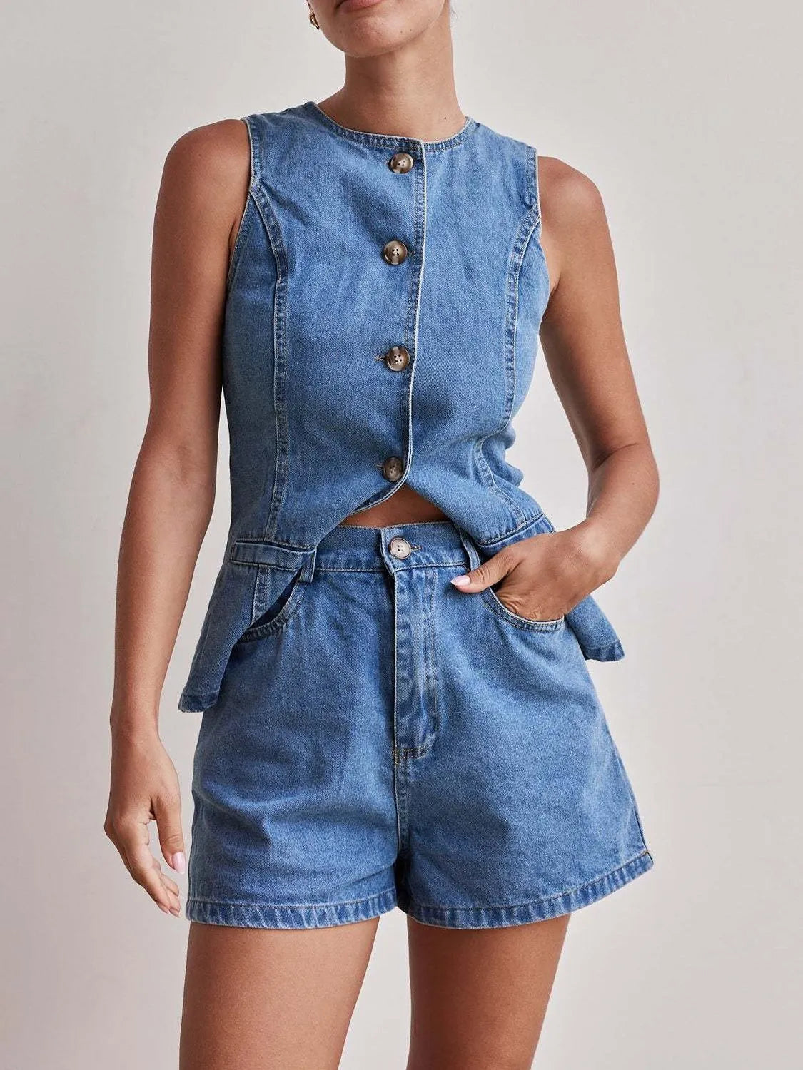 Button Down Vest and Shorts Denim Set Jeans Set Luxurious Weddings