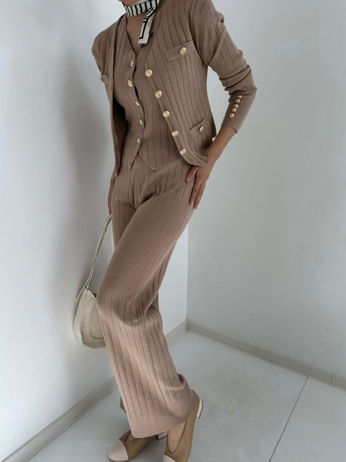 V-Neck Tank, Cardigan and Pants Three-Piece Sweater Set Matching Sets Luxurious Weddings