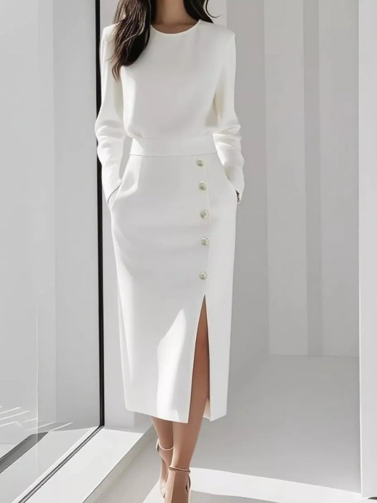 Long Sleeve Button Detail Midi Dress with Side Slit in white with button details and side slit, stylish and modern design.