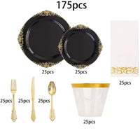 175pcs Black & Gold Tableware Set for 25 Guests Tableware Luxurious Weddings