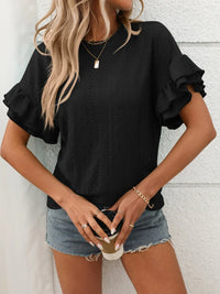 Eyelet Round Neck Flounce Sleeve Top Blouses Luxurious Weddings