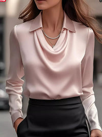 Ruched Long Sleeve Drape Collar Blouse in soft pink with a stylish collar and draped neckline.