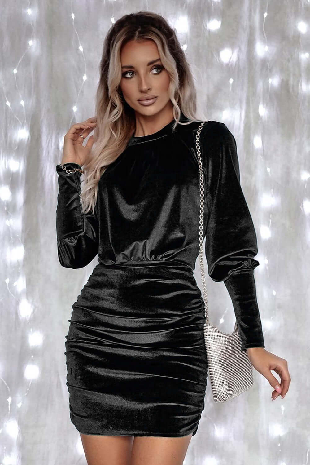 Black Velvet Puff Sleeve Ruched Bodycon Dress Dresses/Bodycon Dresses Luxurious Weddings