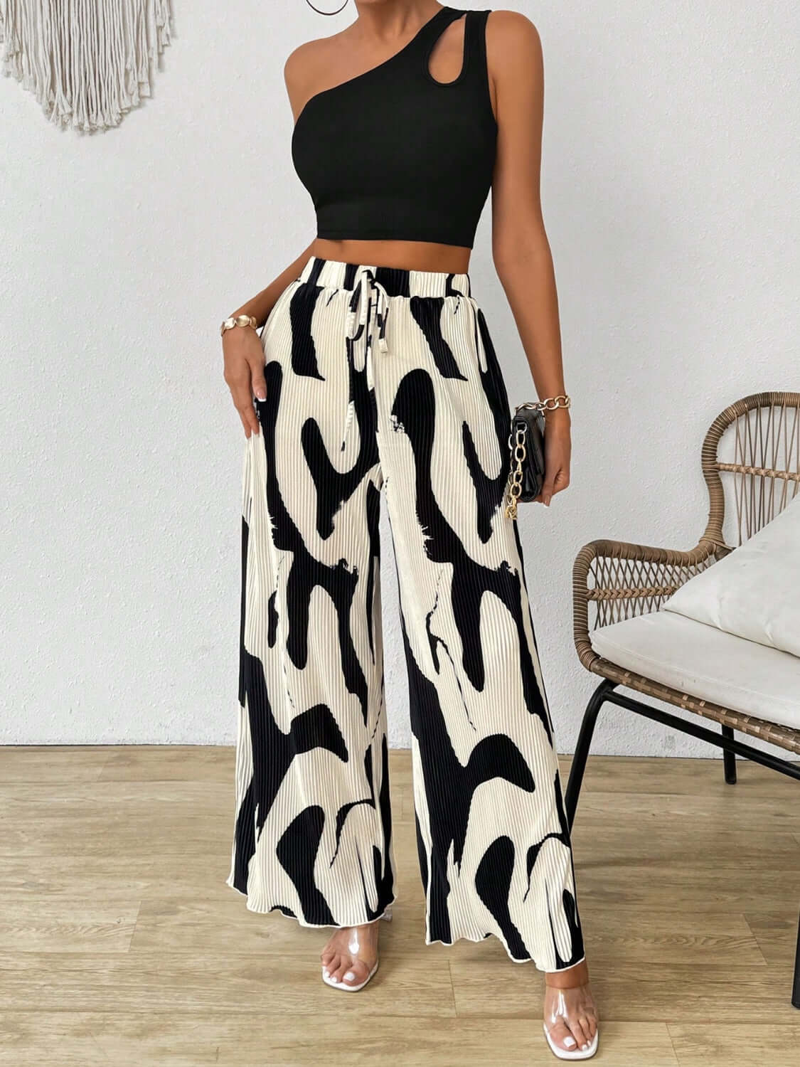 Cutout One Shoulder Top and Printed Pants Set Matching Sets Luxurious Weddings