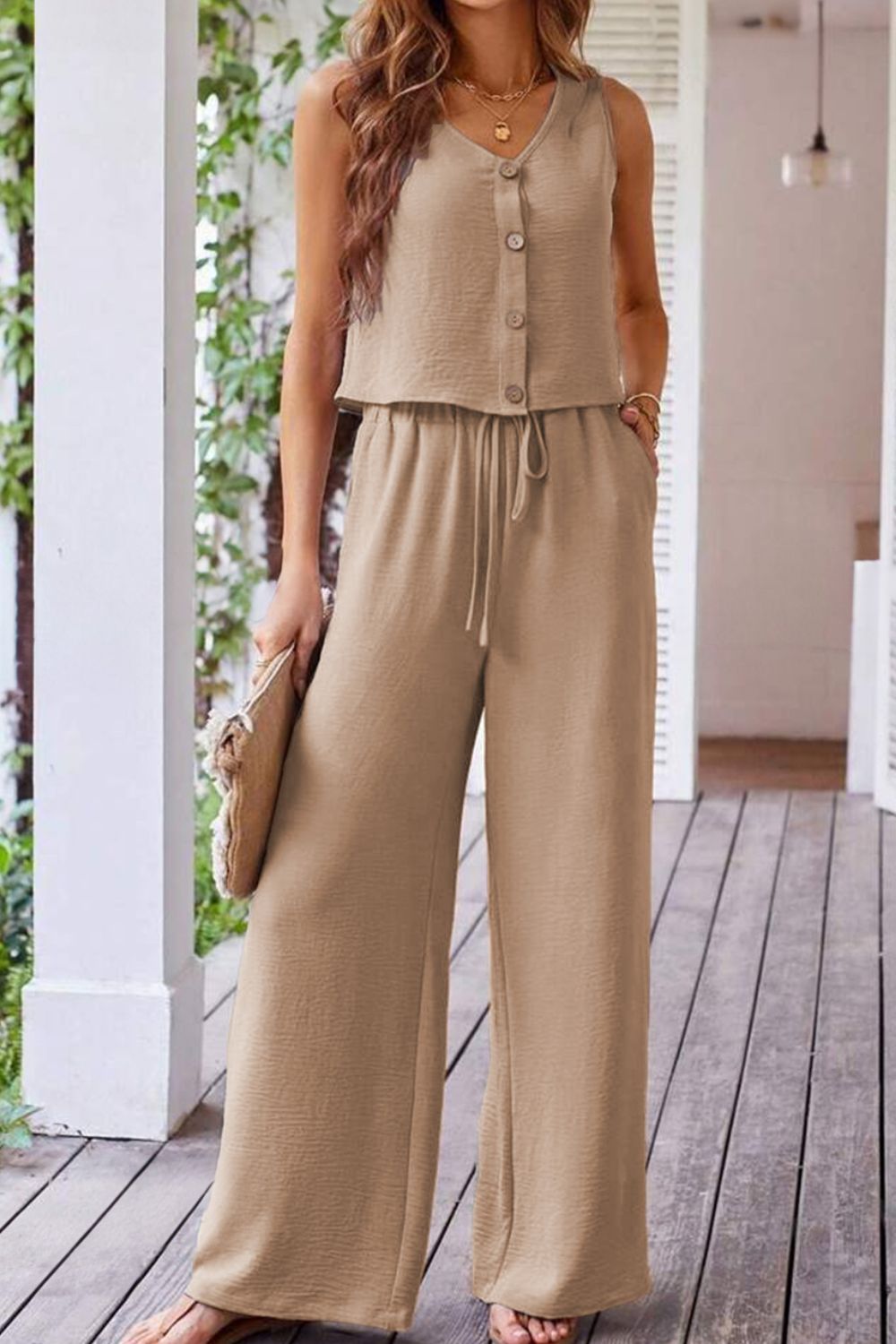 Button Down Vest and Drawstring Wide Leg Pants Set Matching Sets Luxurious Weddings