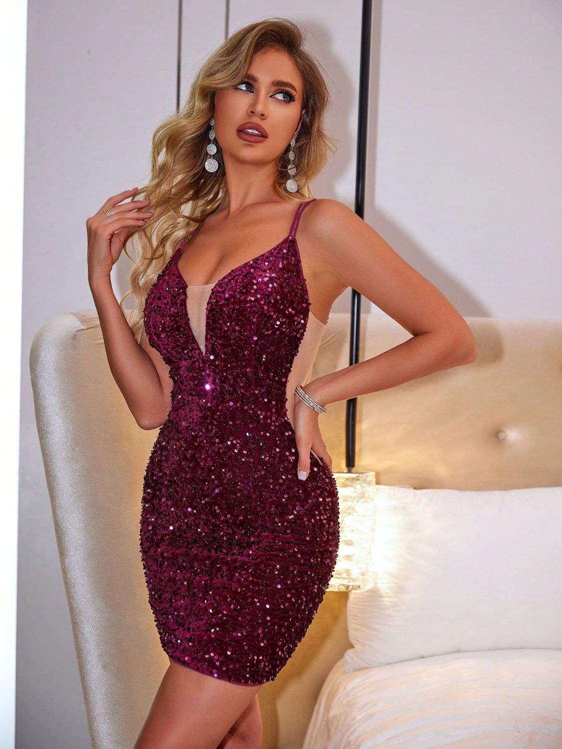 Lace-Up Sequin Plunge Sleeveless Dress Mini dress Luxurious Weddings
