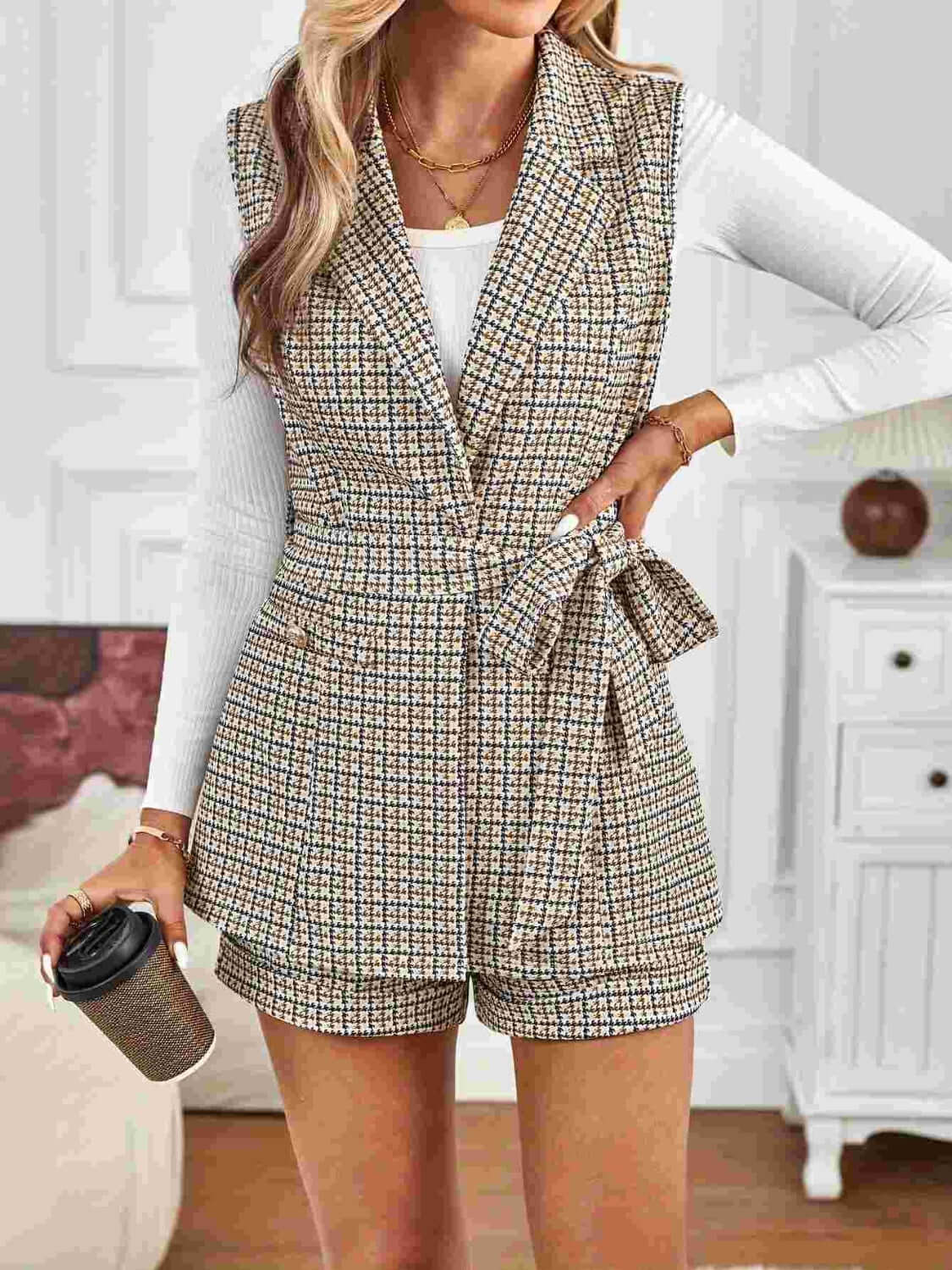 Tied Plaid Collared Neck Vest and Shorts Set Matching Sets Luxurious Weddings