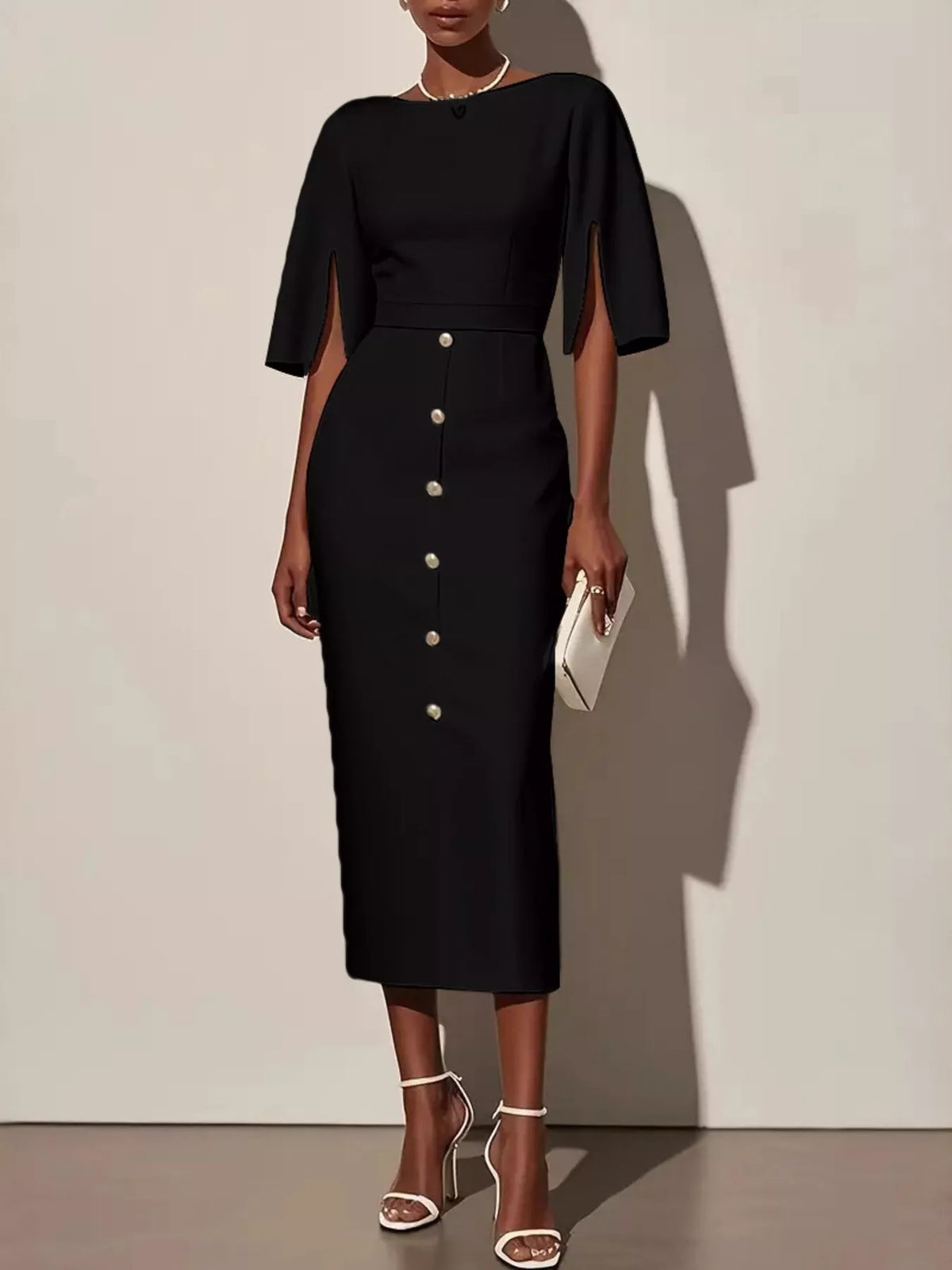 Slit Sleeve Midi Dress with Decorative Button in black featuring a stylish design and decorative buttons.