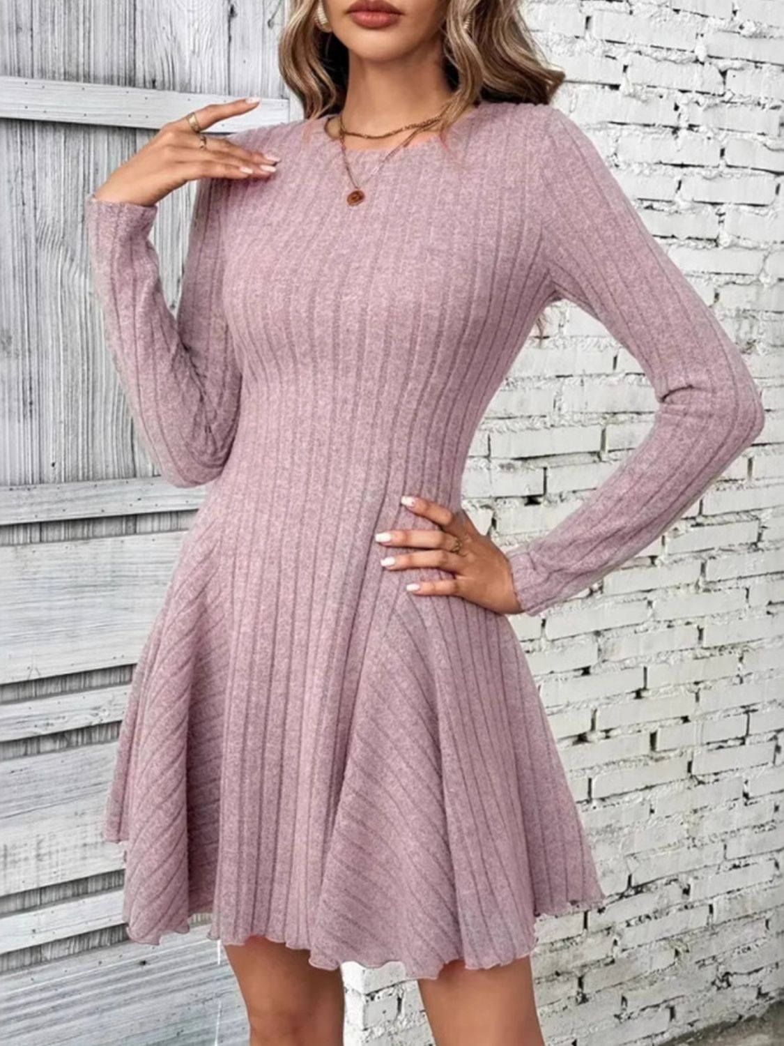 Ribbed Round Neck Long Sleeve Mini Dress Mini Dress Luxurious Weddings