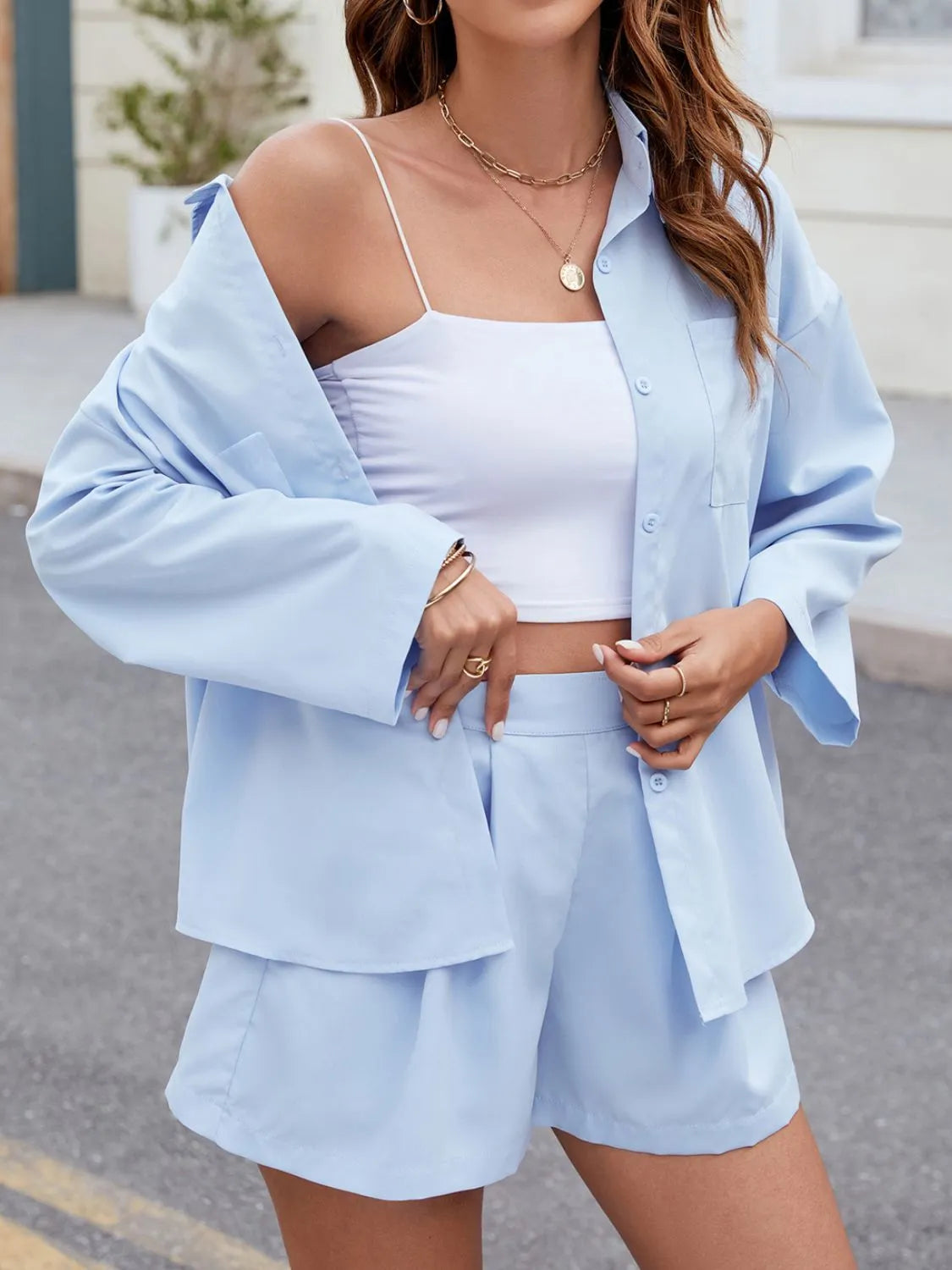 Button Up Long Sleeve Top and Shorts Set Matching Sets Luxurious Weddings
