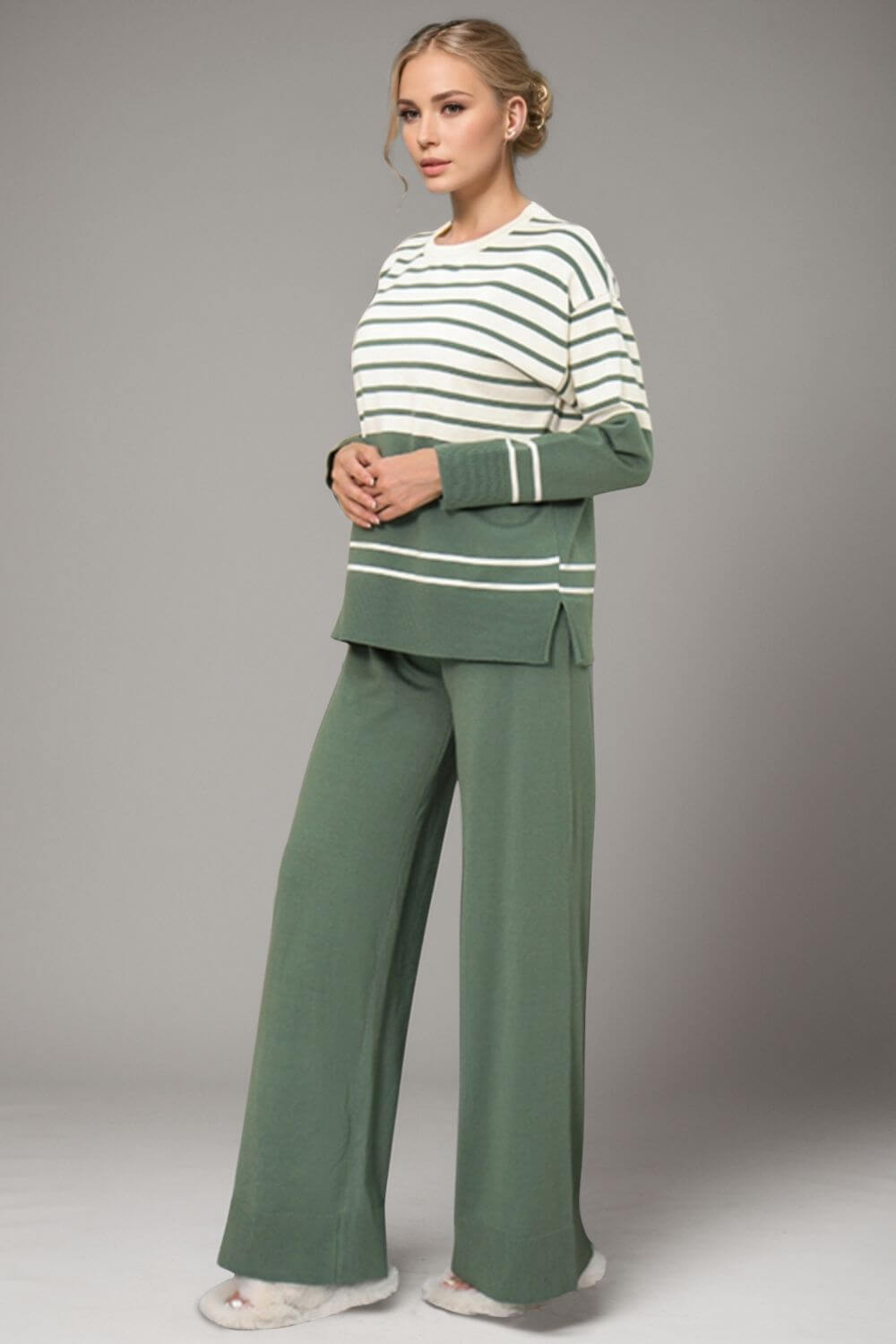 Basic Bae Striped Round Neck Long Sleeve Top and Pants Sweater Set Matching Sets Luxurious Weddings