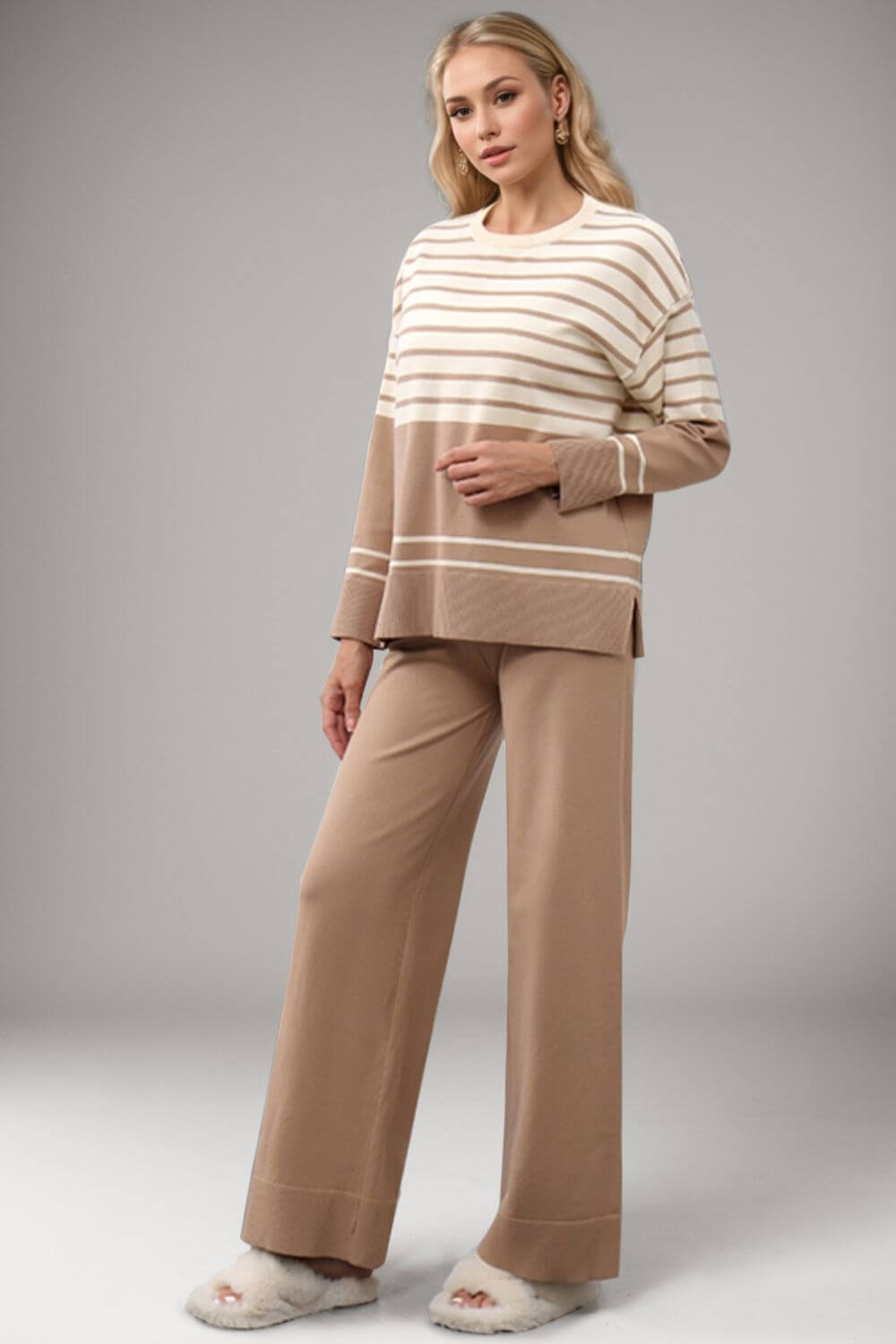 Basic Bae Striped Round Neck Long Sleeve Top and Pants Sweater Set Matching Sets Luxurious Weddings