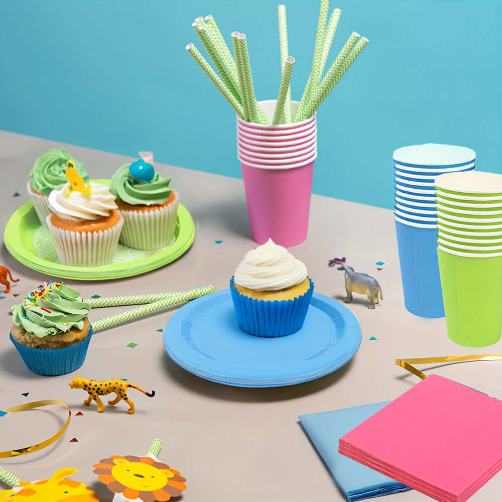 50pcs Colorful Paper Cups & Plates Set for Parties Tableware Luxurious Weddings