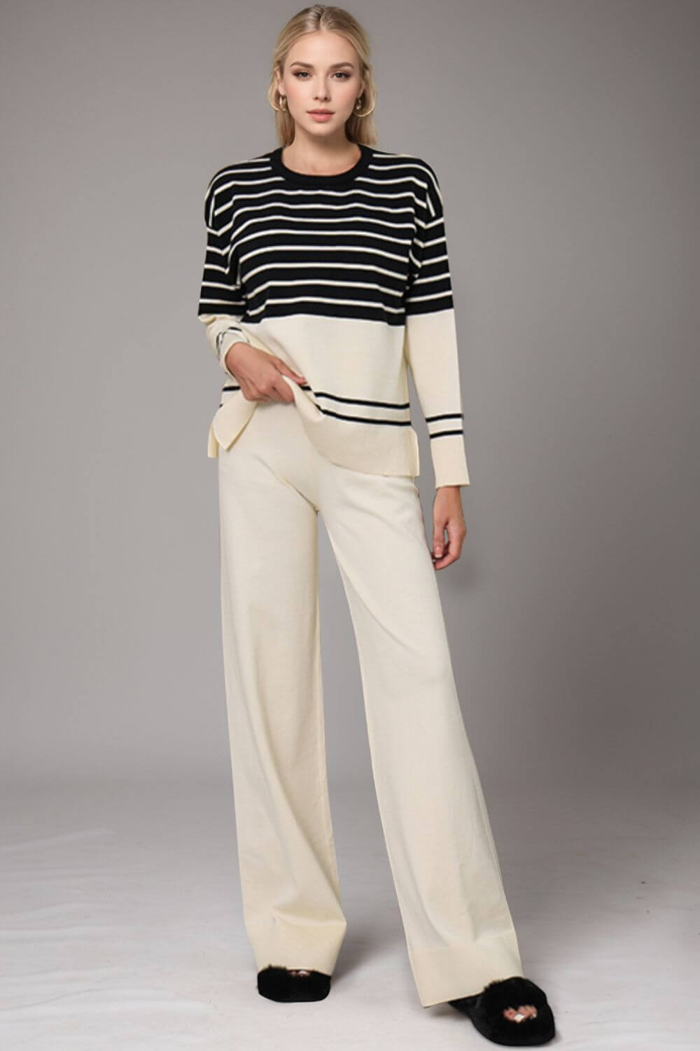 Basic Bae Striped Round Neck Long Sleeve Top and Pants Sweater Set Matching Sets Luxurious Weddings
