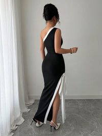 Slit Contrast Trim One-Shoulder Dress Maxi dress Luxurious Weddings