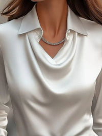 Ruched Long Sleeve Drape Collar Blouse in white with a draped collar and stylish necklace.