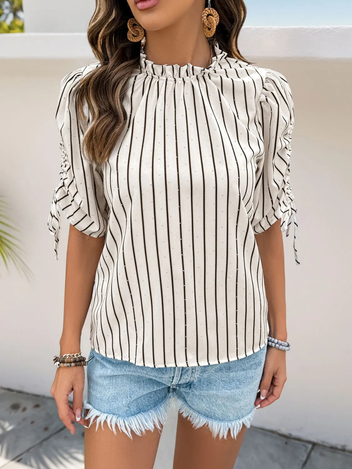 Drawstring Striped Half Sleeve Blouse Blouse Luxurious Weddings