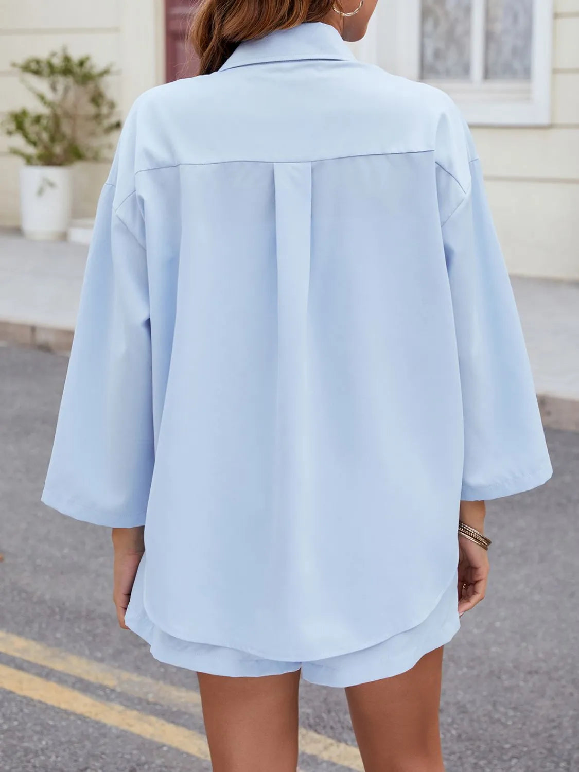 Button Up Long Sleeve Top and Shorts Set Matching Sets Luxurious Weddings