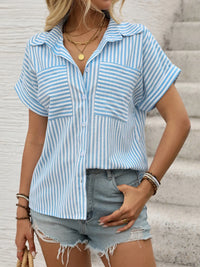 Striped Collared Neck Short Sleeve Shirt Blouse Luxurious Weddings