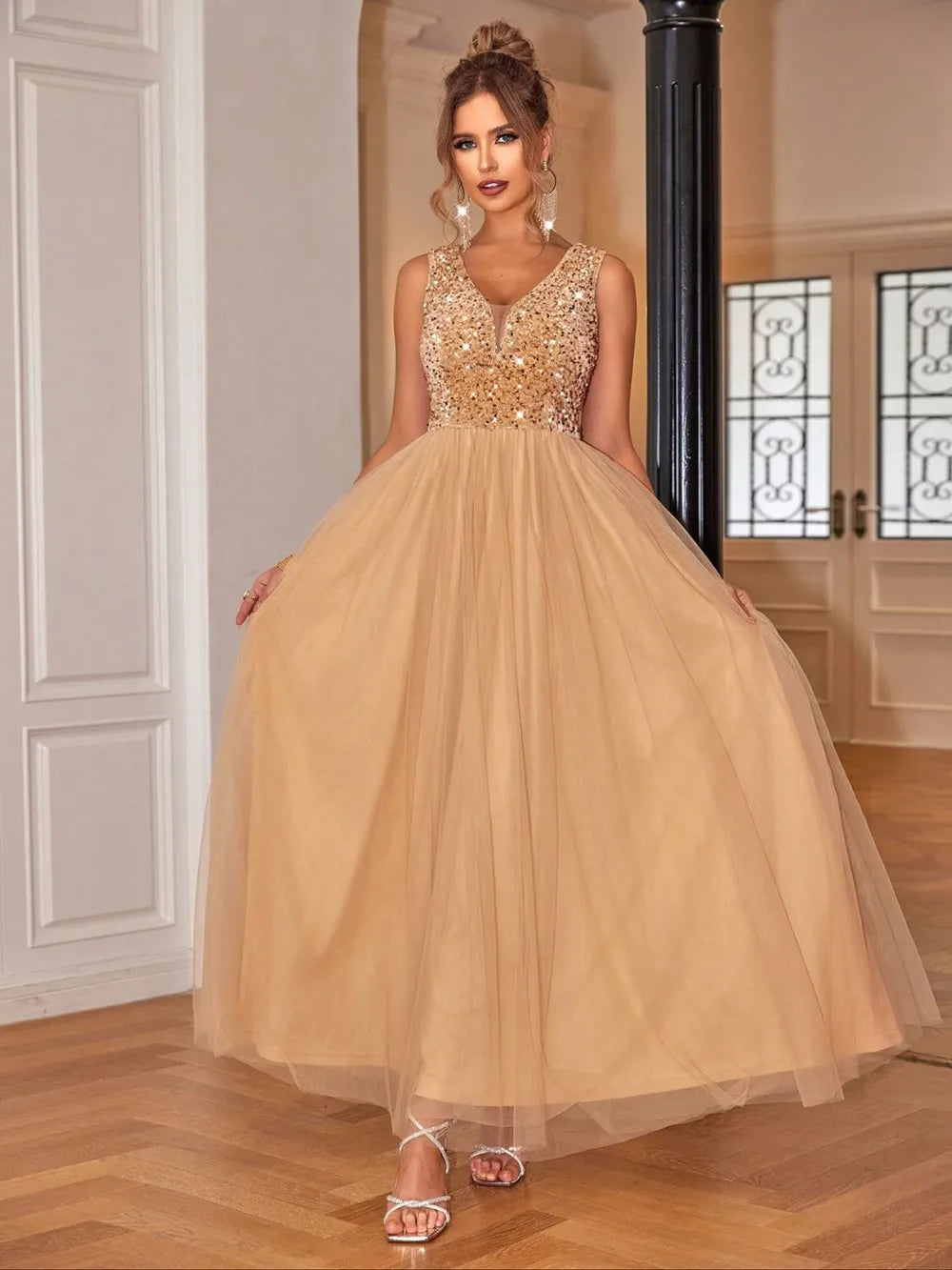 Sequin V-Neck Sleeveless Dress sequin dress Luxurious Weddings