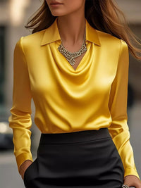 Ruched Long Sleeve Drape Collar Blouse in yellow, featuring a stylish draped neckline and elegant long sleeves.