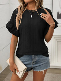 Eyelet Round Neck Flounce Sleeve Top Blouses Luxurious Weddings