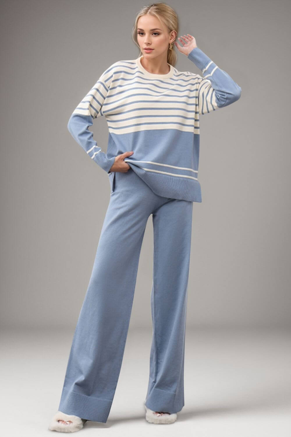 Basic Bae Striped Round Neck Long Sleeve Top and Pants Sweater Set Matching Sets Luxurious Weddings