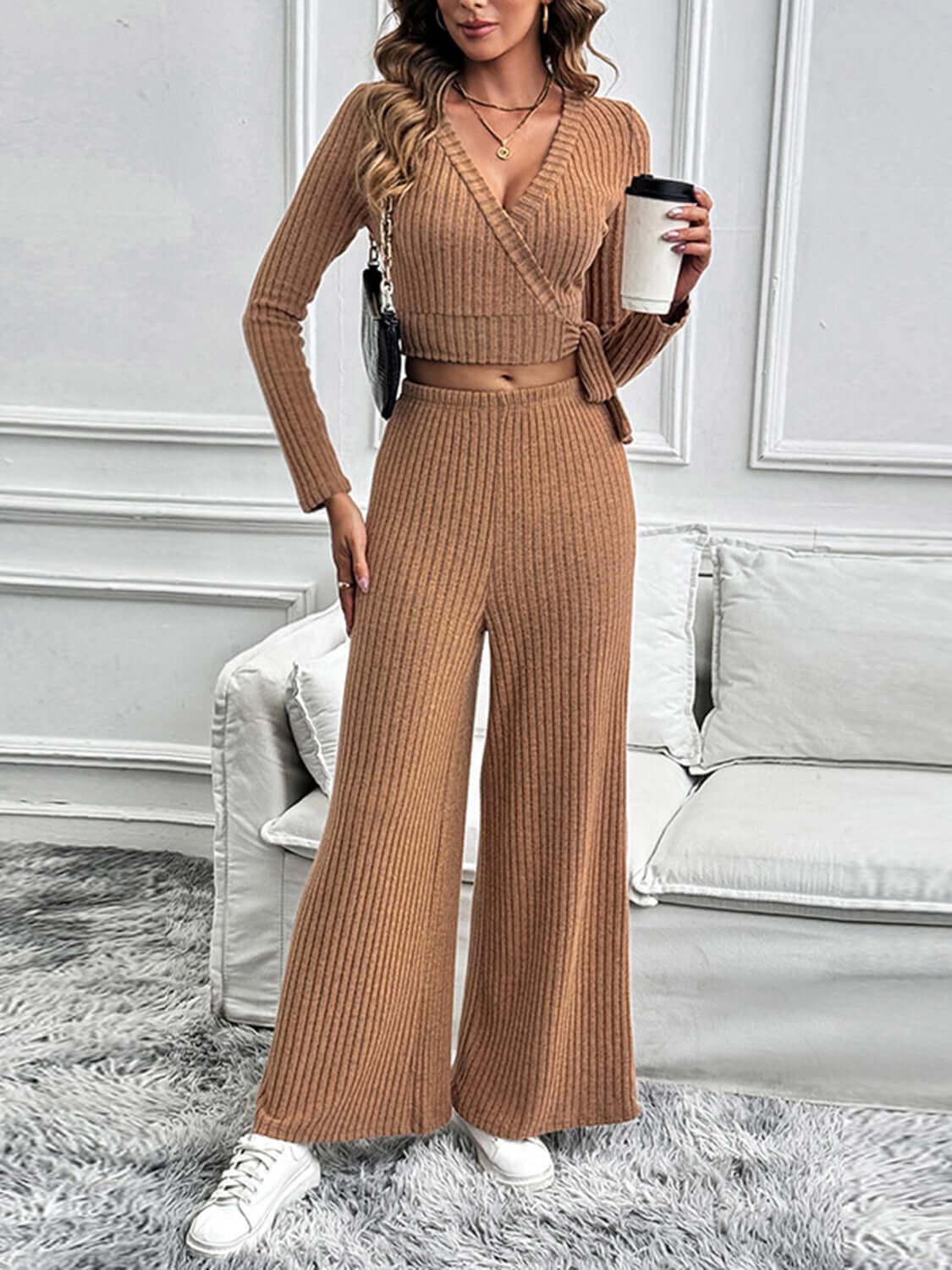 Perfee Surplice Long Sleeve Top and Pants Set Matching Sets Luxurious Weddings