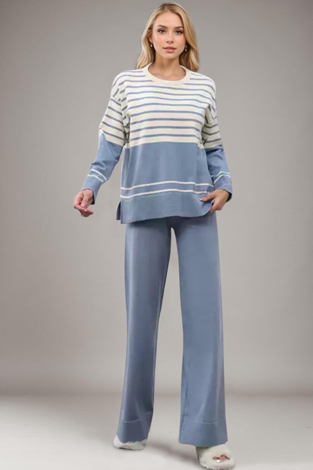 Basic Bae Striped Round Neck Long Sleeve Top and Pants Sweater Set Matching Sets Luxurious Weddings