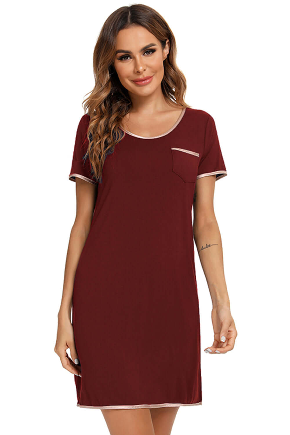 Contrast Trim Pocketed Round Neck Lounge Dress sleepwear Luxurious Weddings
