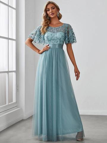 Sequin Print Floor-length Evening Dresses with Cap Sleeve Bridesmaid Dresses Luxurious Weddings