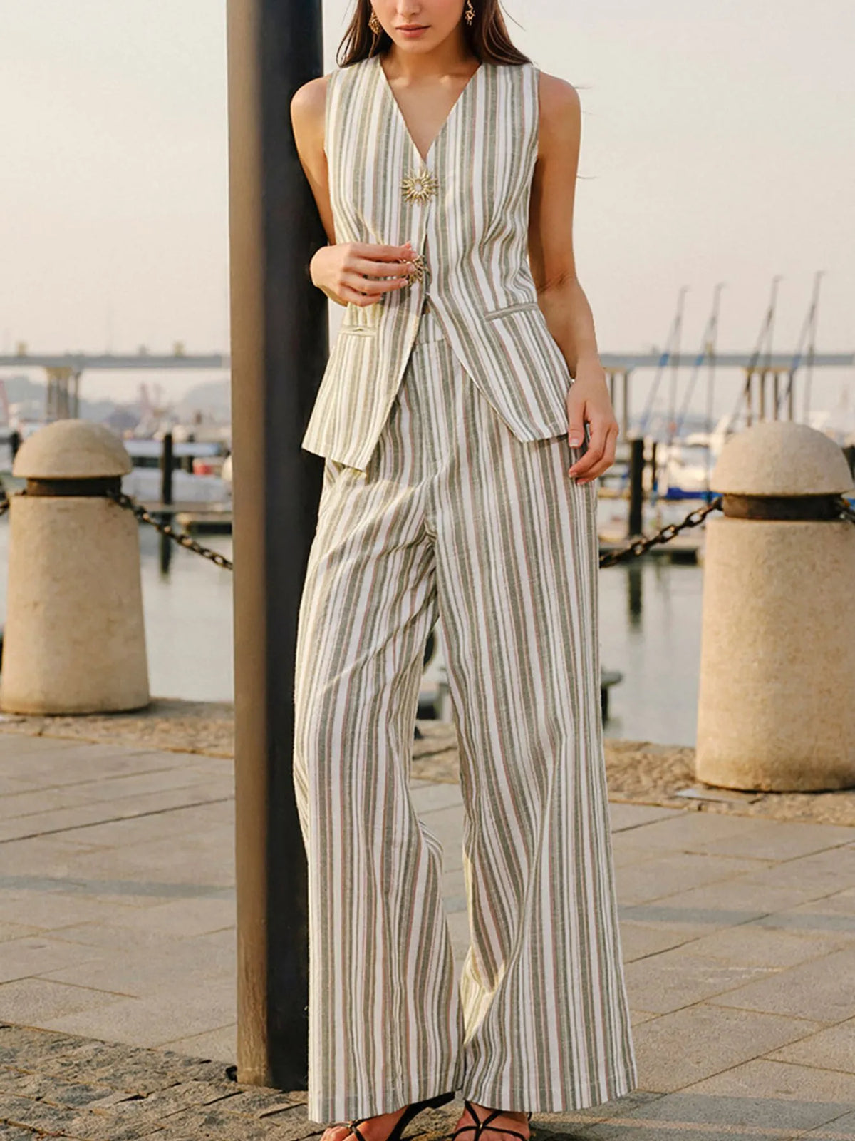 Striped Sleeveless V-Neck Top and Pants Two-Piece Set Women’s suits Luxurious Weddings