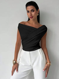 Asymmetrical Ruched Short Sleeve Top Luxurious Weddings