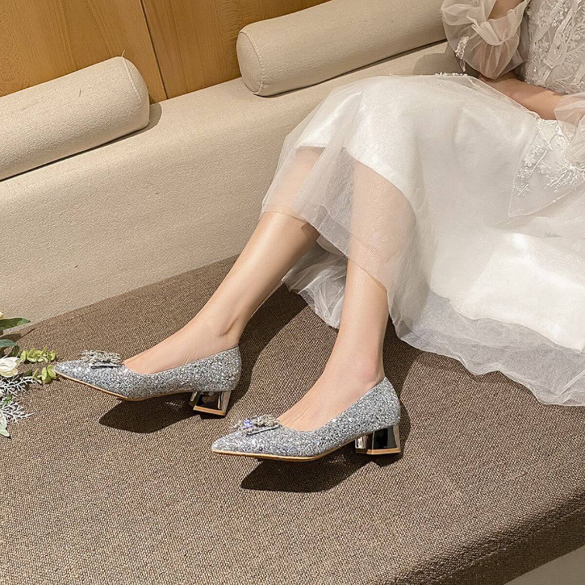 Glitter Point Toe Block Heel Pumps heels Luxurious Weddings