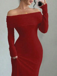 Off-shoulder long sleeve bodycon maxi dress in rich red, perfect for luxurious weddings and elegant occasions.