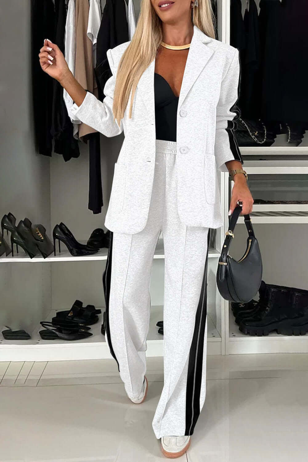 Full Size Contrast Lapel Collar Top and Pants Set Matching Sets Luxurious Weddings