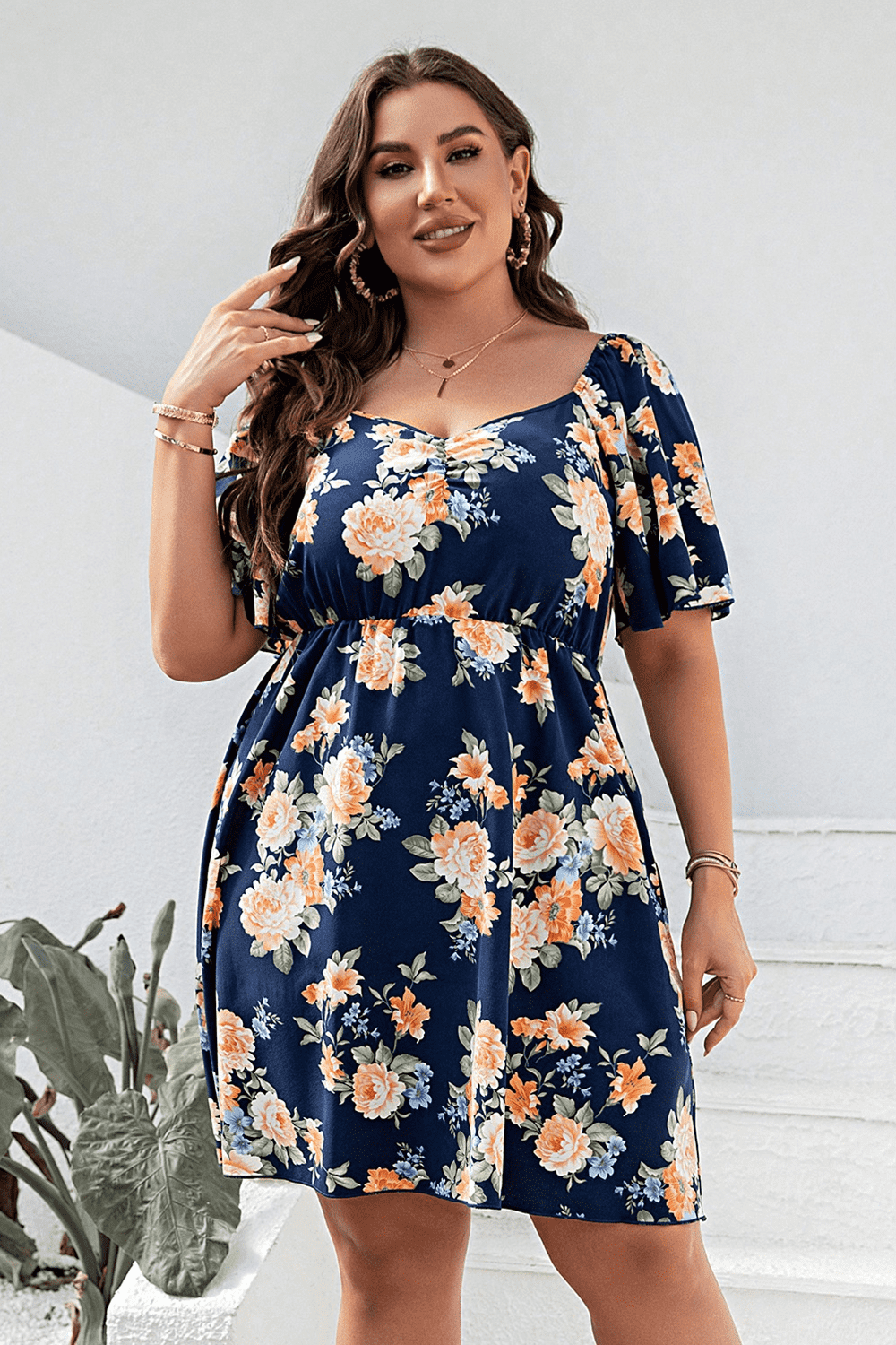 Plus Size Floral Print V-Neck Flutter Sleeve Mini Dress Plus size dress Luxurious Weddings