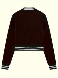 Back view of a Snap Down Long Sleeve Jacket in black with striped cuffs, stylish and casual for any occasion.