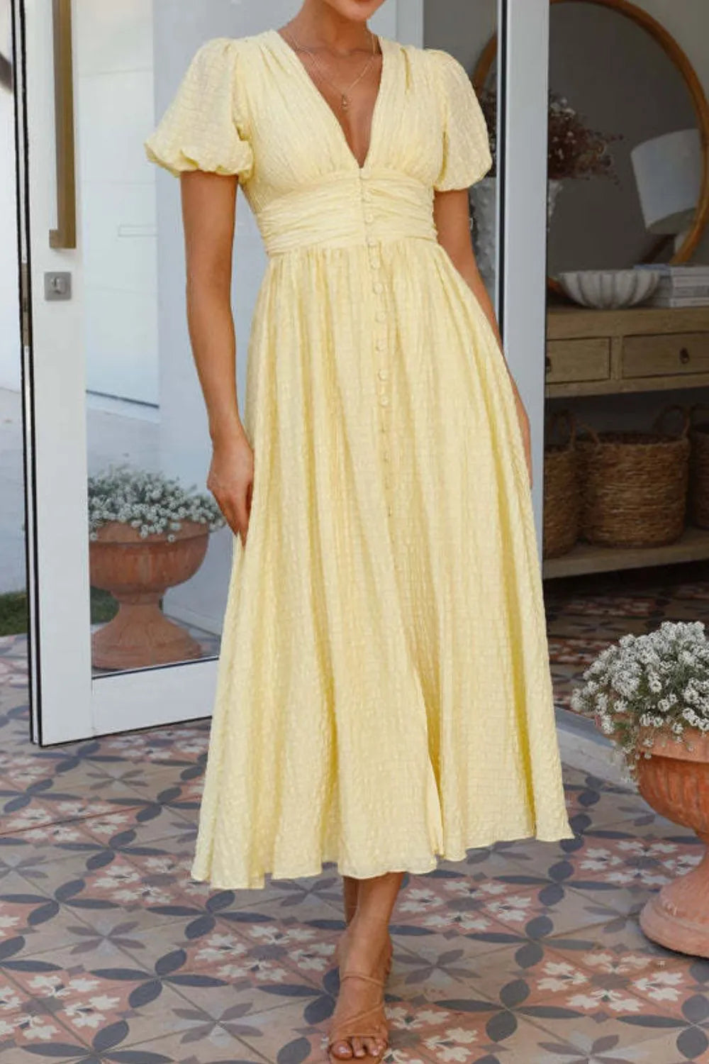 V-Neck Puff Short Sleeve Midi Dress Summer dress Luxurious Weddings