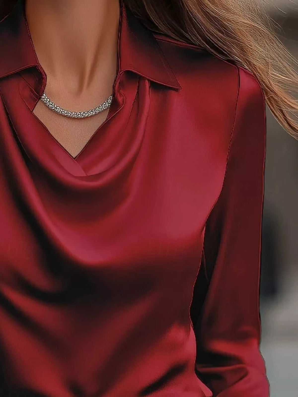 Ruched Long Sleeve Drape Collar Blouse in rich red with elegant cowl neckline, ideal for stylish layering.