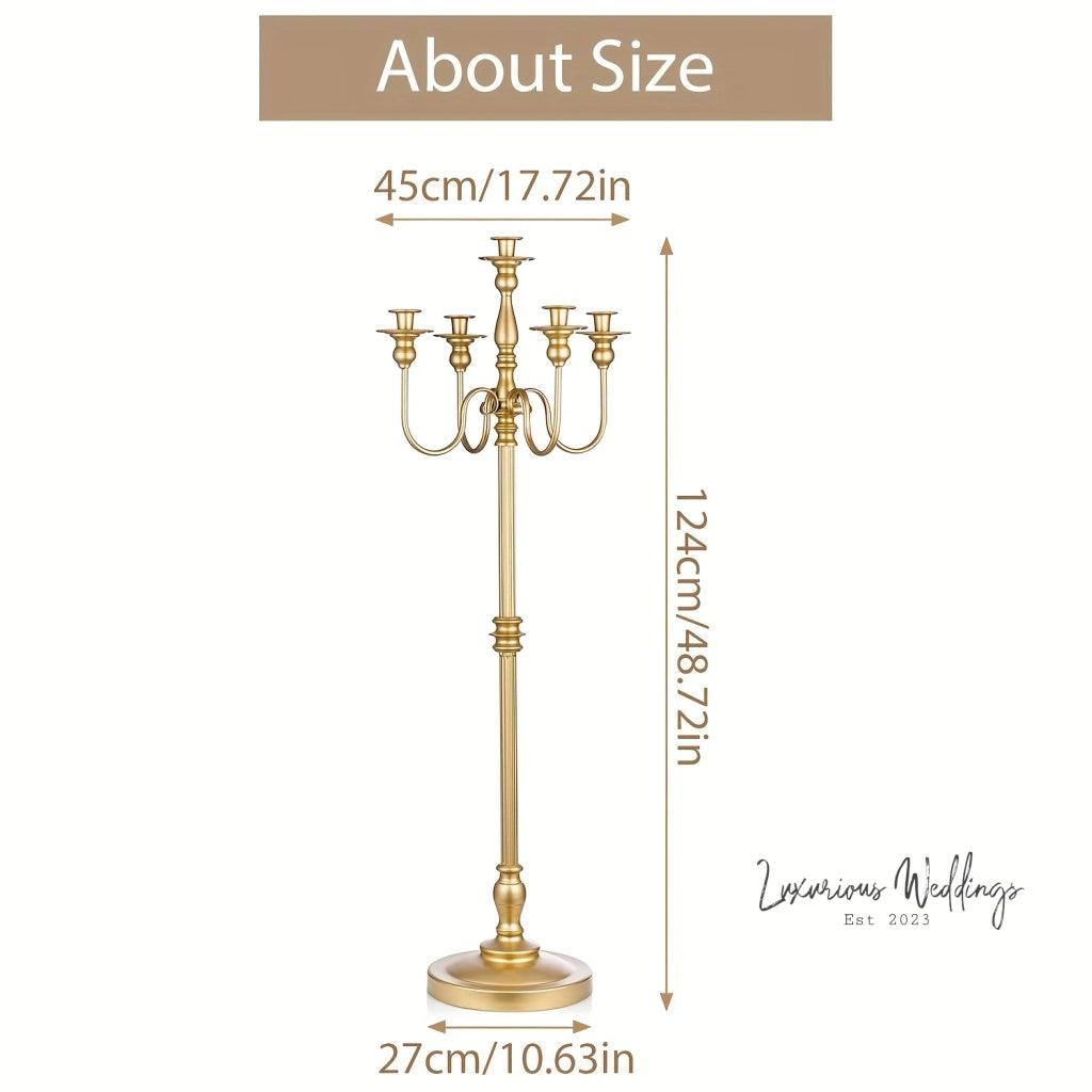 Golden Wedding Candelabra - 127cm Tall, 5 Arm Metal Candle Holder - Luxurious Weddings