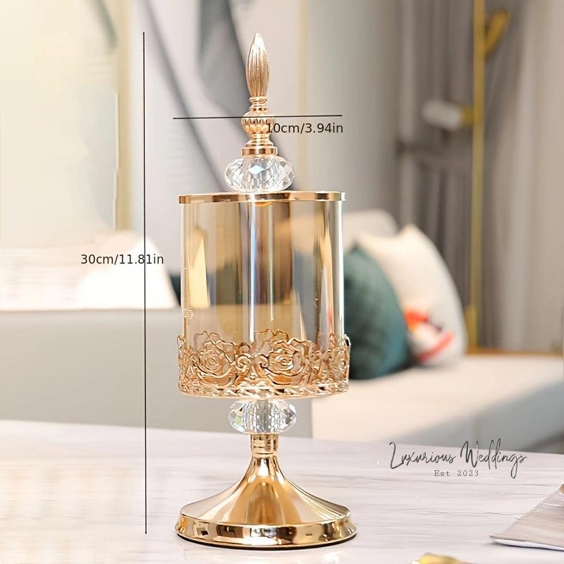 Light Luxury Glass Storage Jar - Golden Crystal with Lid - Luxurious Weddings