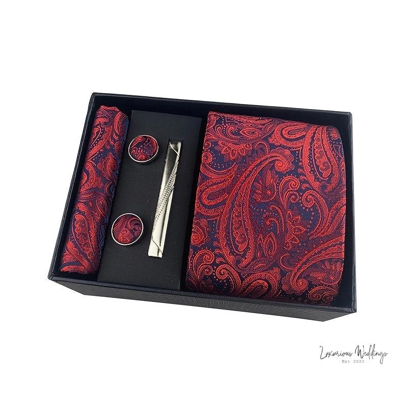 Men's Paisley Tie Gift Set - 5 Pc with Cufflinks & Scarf - Luxurious Weddings