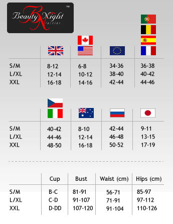 Size chart for Beauty Night lingerie, showing garment sizes in UK, US, Canadian, European, and Australian measurements.