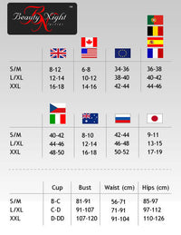 Size chart for Beauty Night lingerie, showing garment sizes in UK, US, Canadian, European, and Australian measurements.