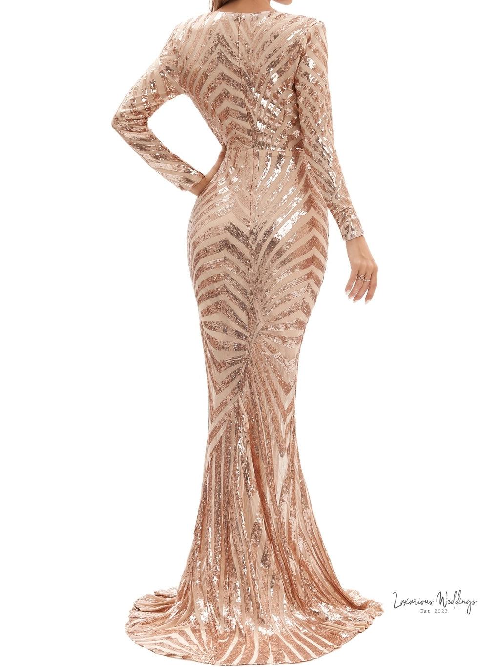 Sparkling V-neck Mermaid Dress - Long Sleeve Party & Banquet Attire Gatsby Gown Luxurious Weddings